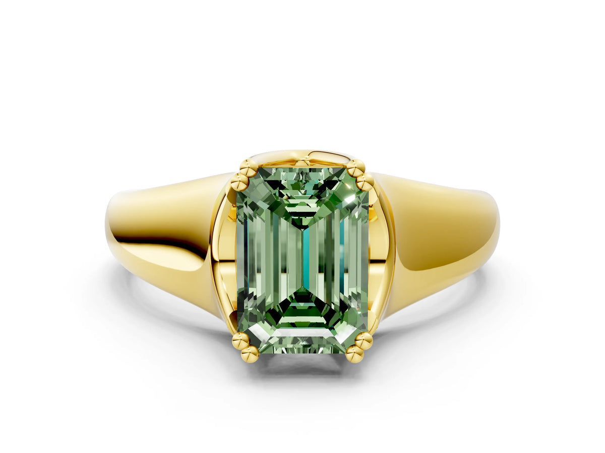 Fancy Green Emerald Cut Diamond Solitaire Ring in Yellow gold with Smooth Wide Band and Prong Setting