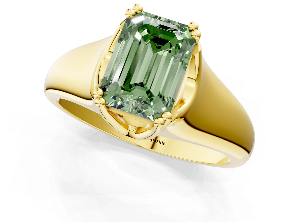 Fancy Green Emerald Cut Diamond Solitaire Ring in Yellow gold with Smooth Wide Band and Prong Setting_1