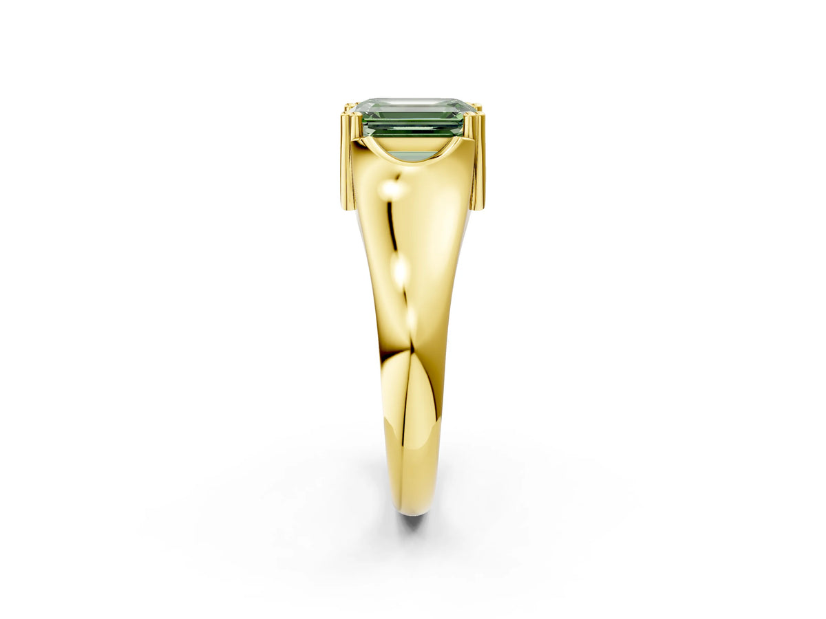 Fancy Green Emerald Cut Diamond Solitaire Ring in Yellow gold with Smooth Wide Band and Prong Setting_2