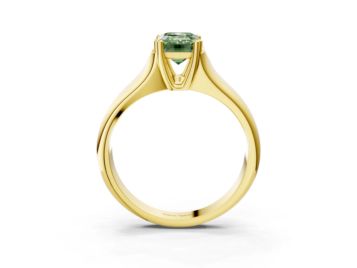 Fancy Green Emerald Cut Diamond Solitaire Ring in Yellow gold with Smooth Wide Band and Prong Setting_3