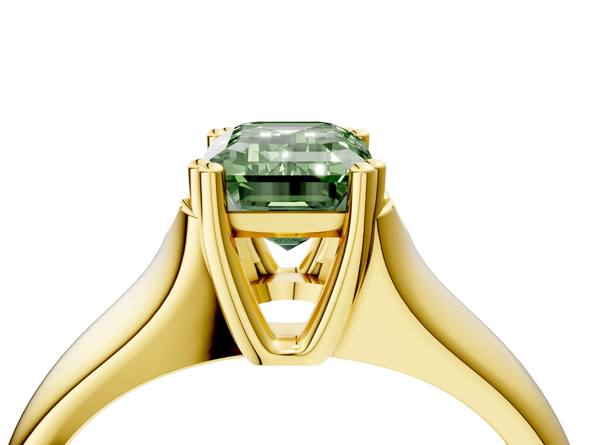Fancy Green Emerald Cut Diamond Solitaire Ring in Yellow gold with Smooth Wide Band and Prong Setting_4