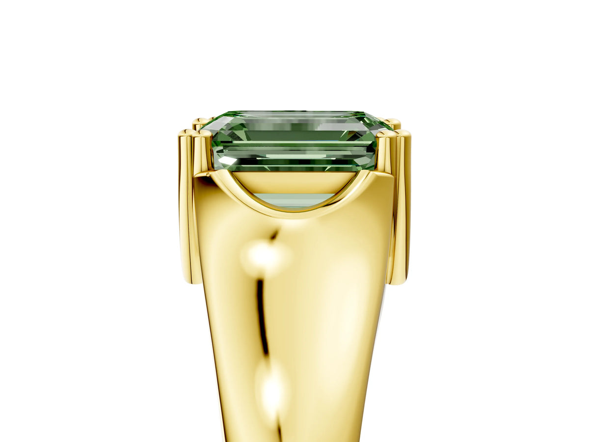 Fancy Green Emerald Cut Diamond Solitaire Ring in Yellow gold with Smooth Wide Band and Prong Setting_5