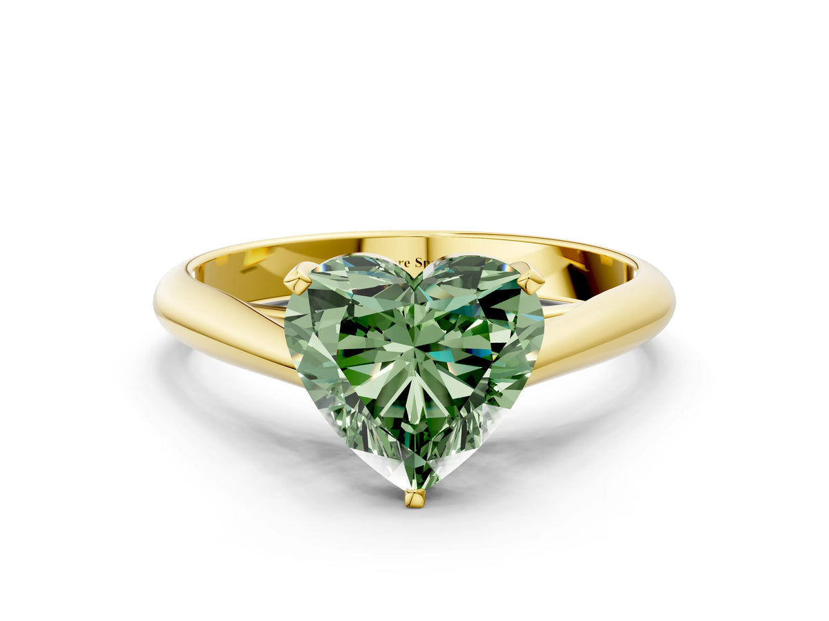 Fancy Green Heart Cut Diamond Cathedral Solitaire Engagement Ring in Yellow gold with Prong Setting