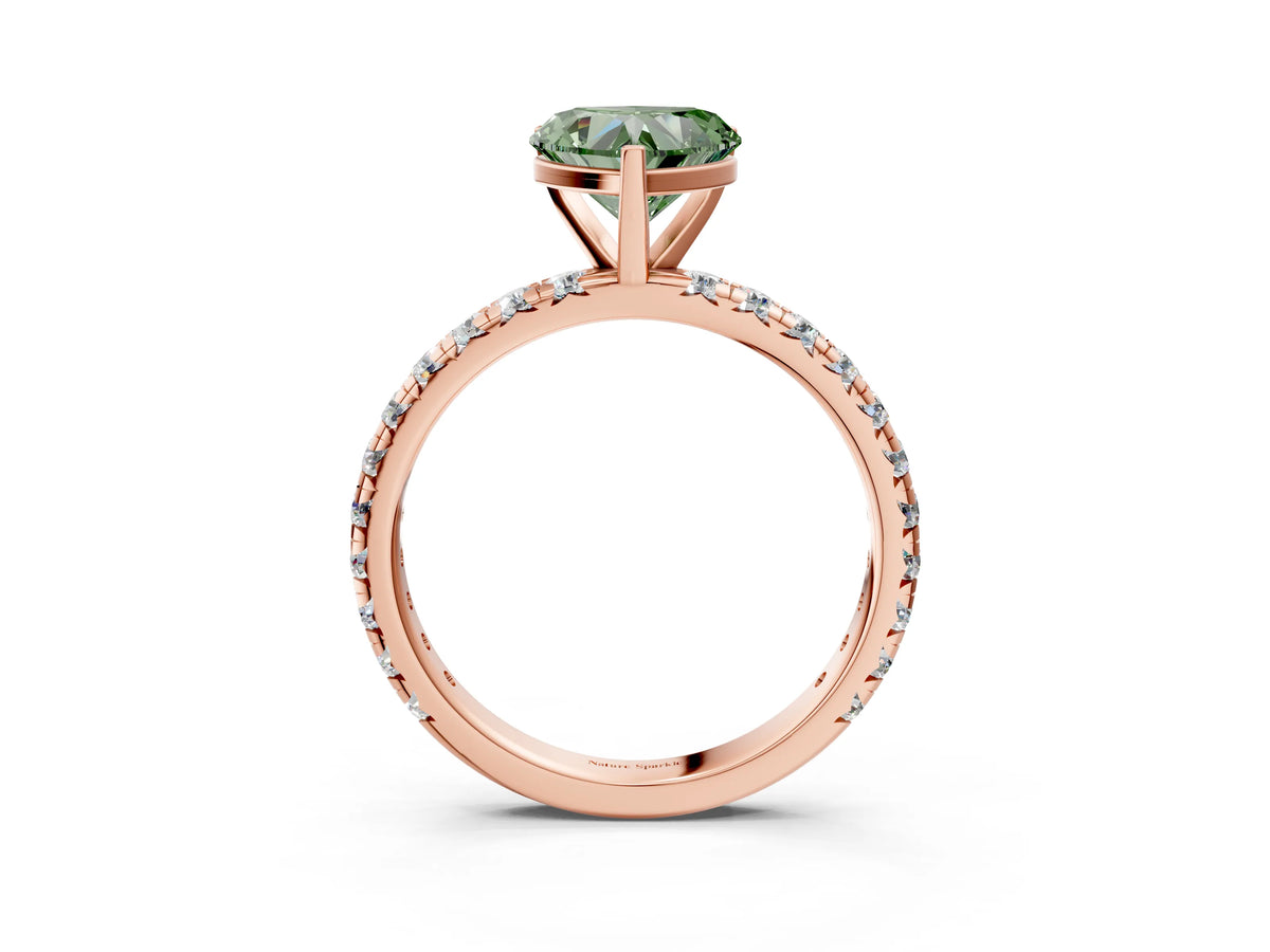 Fancy Green Heart Cut Diamond Pavé Solitaire Ring in Rose gold with Round Pavé Band and Prong Setting_3