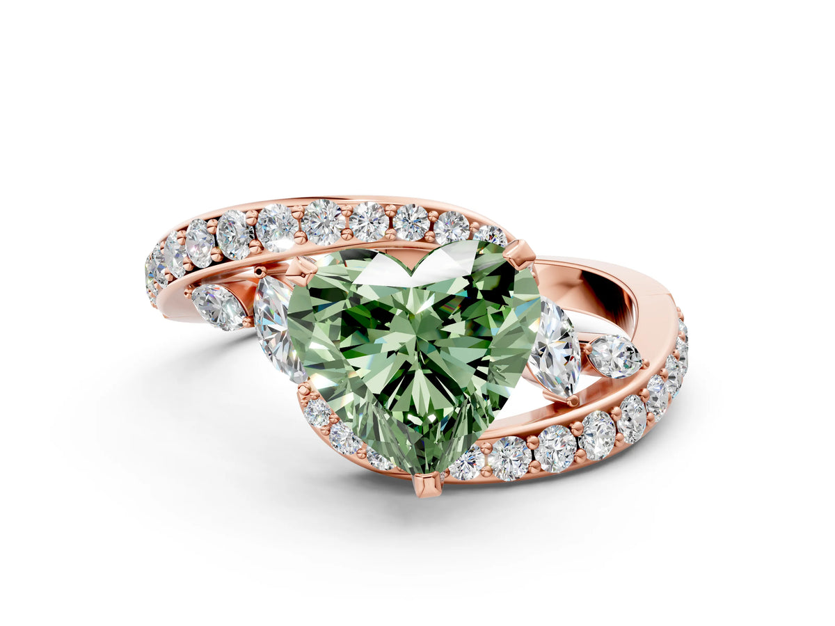 Fancy Green Heart Cut Diamond Solitaire Ring in Rose gold with Pavé Twist Band and Prong Setting