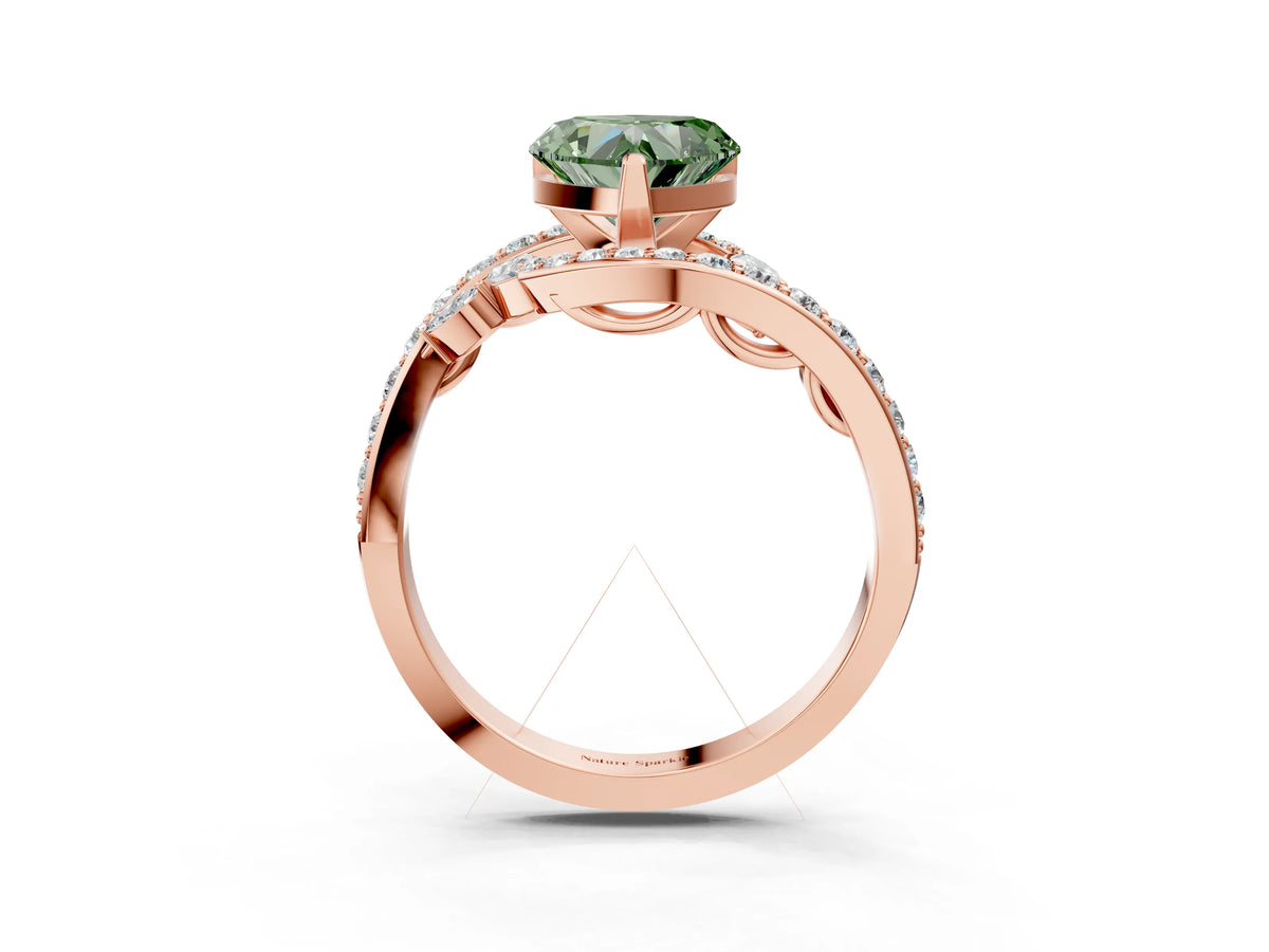 Fancy Green Heart Cut Diamond Solitaire Ring in Rose gold with Pavé Twist Band and Prong Setting_3