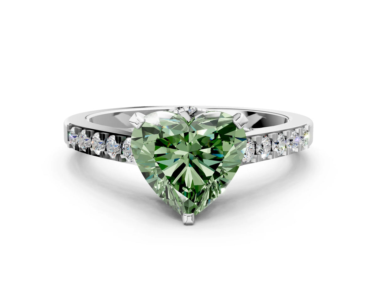 Fancy Green Heart Cut Diamond Solitaire Ring in Silver with Crossover Gallery and Round Pavé Band