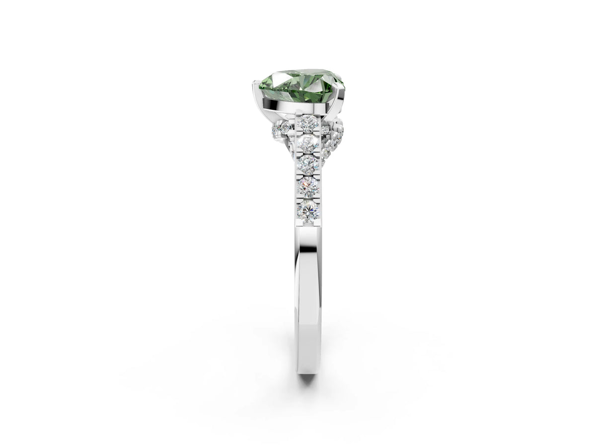 Fancy Green Heart Cut Diamond Solitaire Ring in Silver with Crossover Gallery and Round Pavé Band_2