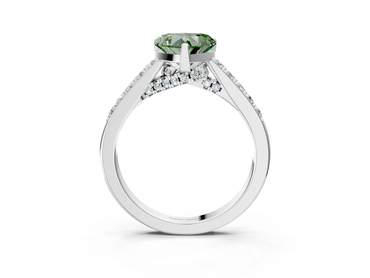 Fancy Green Heart Cut Diamond Solitaire Ring in Silver with Crossover Gallery and Round Pavé Band_3