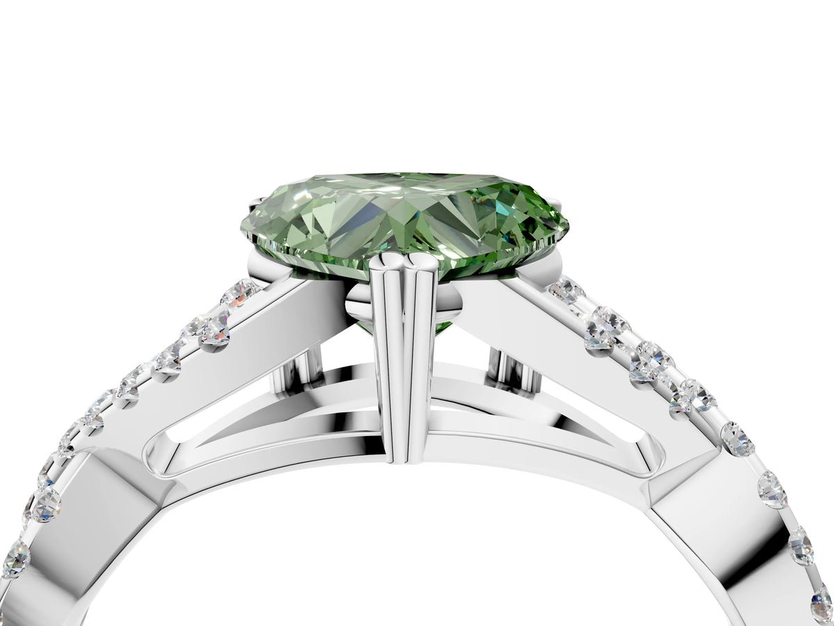 Fancy Green Heart Cut Diamond Solitaire Ring in Silver with Interwoven Pavé Band and Prong Setting_10