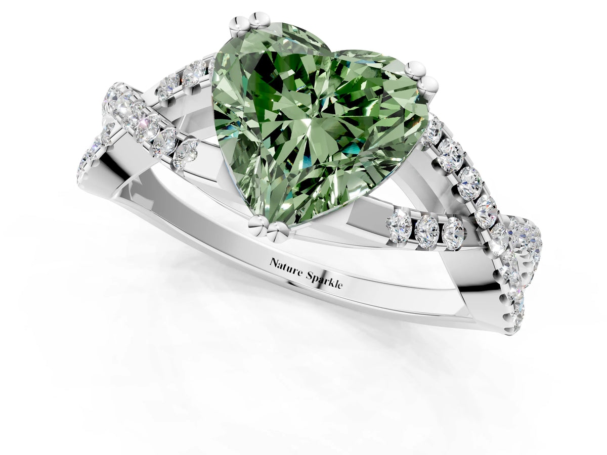 Fancy Green Heart Cut Diamond Solitaire Ring in Silver with Interwoven Pavé Band and Prong Setting_7