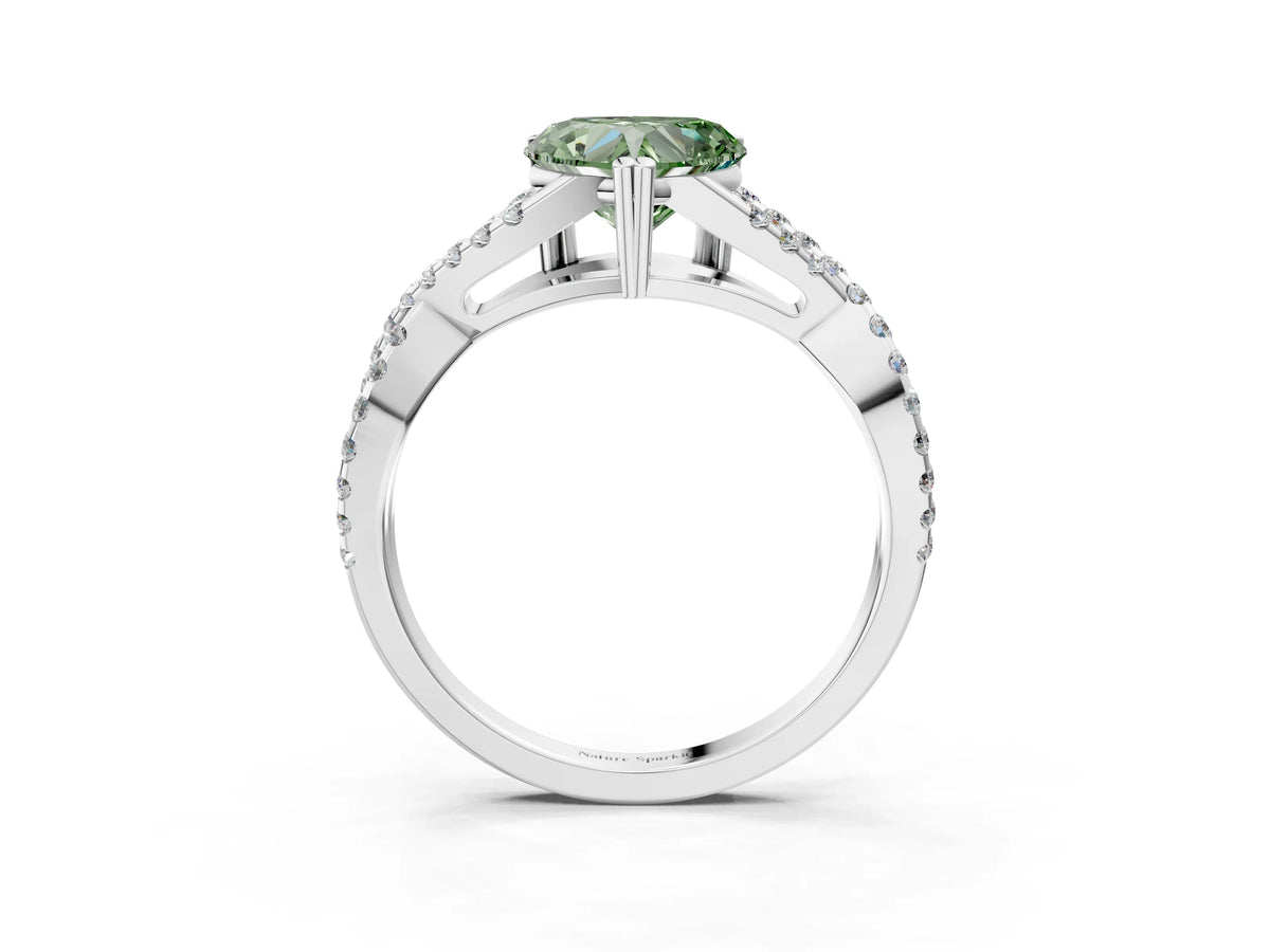Fancy Green Heart Cut Diamond Solitaire Ring in Silver with Interwoven Pavé Band and Prong Setting_9
