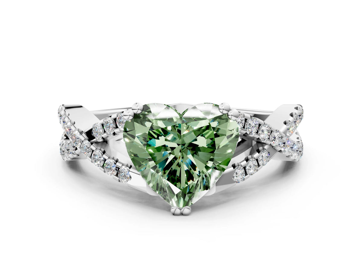 Fancy Green Heart Cut Diamond Solitaire Ring in White gold with Interwoven Pavé Band and Prong Setting