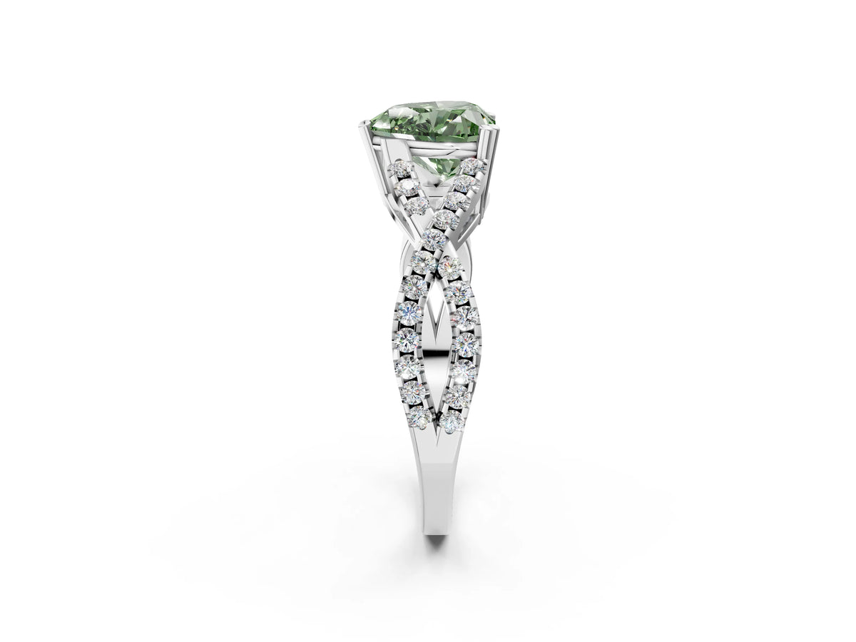 Fancy Green Heart Cut Diamond Solitaire Ring in White gold with Interwoven Pavé Band and Prong Setting_2