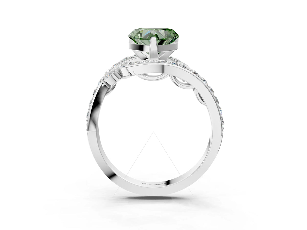Fancy Green Heart Cut Diamond Solitaire Ring in White gold with Pavé Twist Band and Prong Setting_3