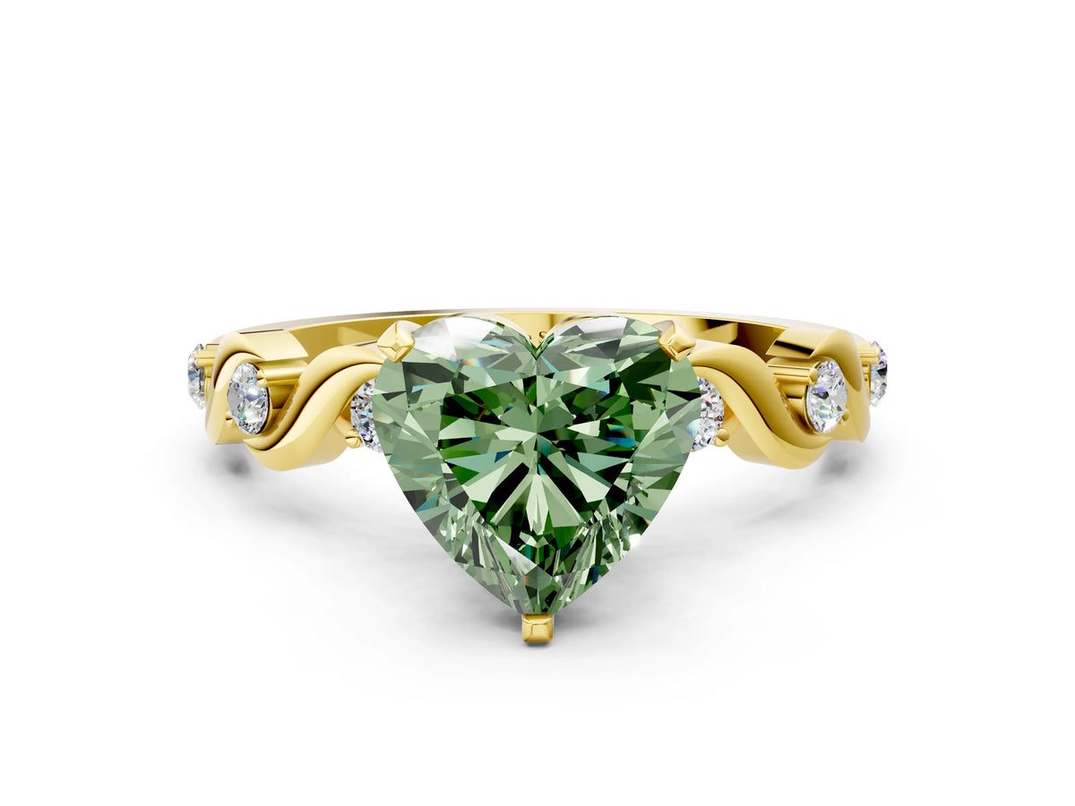 Fancy Green Heart Cut Diamond Solitaire Ring in Yellow gold with Twisted Ribbon Band and Round Accents
