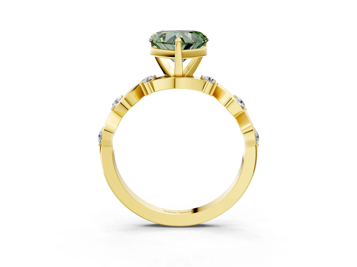 Fancy Green Heart Cut Diamond Solitaire Ring in Yellow gold with Twisted Ribbon Band and Round Accents_3