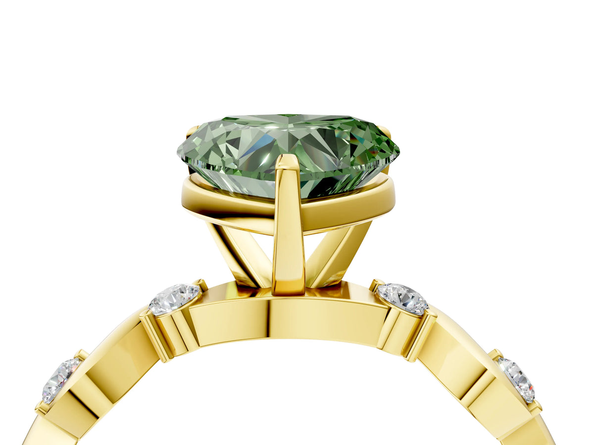 Fancy Green Heart Cut Diamond Solitaire Ring in Yellow gold with Twisted Ribbon Band and Round Accents_4