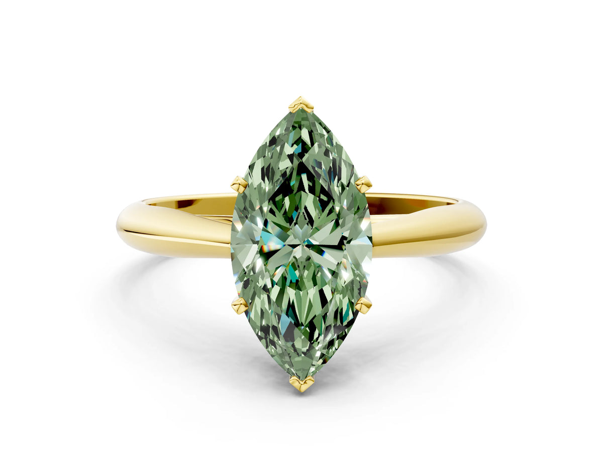 Fancy Green Marquise Cut Diamond Cathedral Solitaire Engagement Ring in Yellow gold with Prong Setting