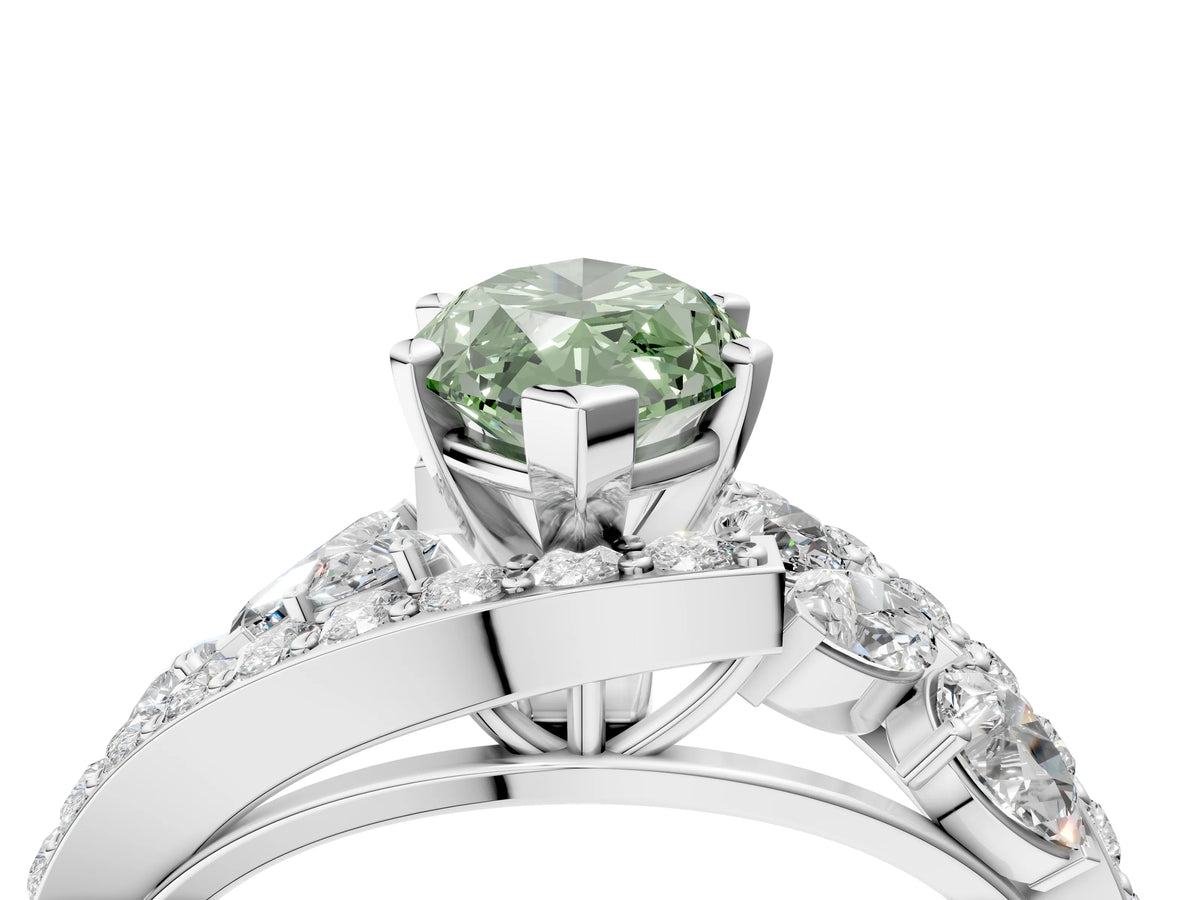 Fancy Green Marquise Cut Diamond Halo Ring in Platinum with Marquise and Pavé Band in Prong Setting_10
