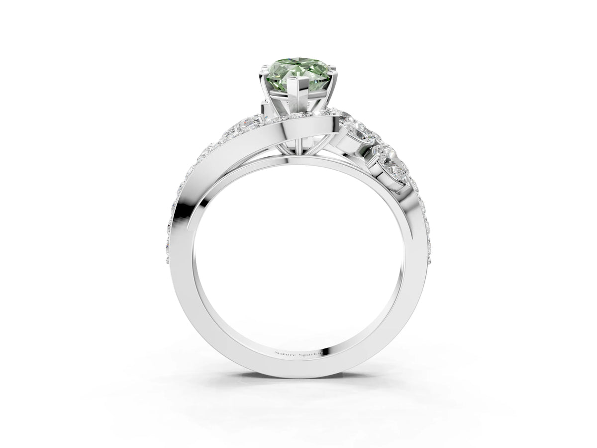 Fancy Green Marquise Cut Diamond Halo Ring in Platinum with Marquise and Pavé Band in Prong Setting_9