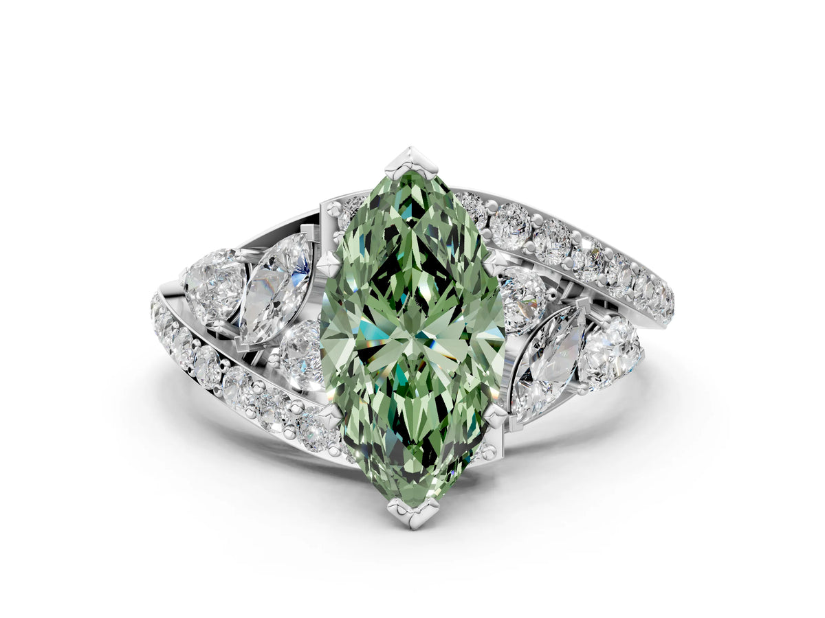 Fancy Green Marquise Cut Diamond Halo Ring in White gold with Marquise and Pavé Band in Prong Setting