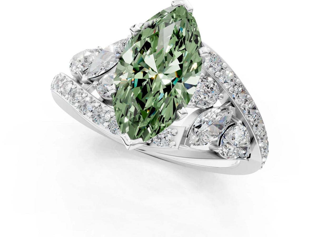 Fancy Green Marquise Cut Diamond Halo Ring in White gold with Marquise and Pavé Band in Prong Setting_1