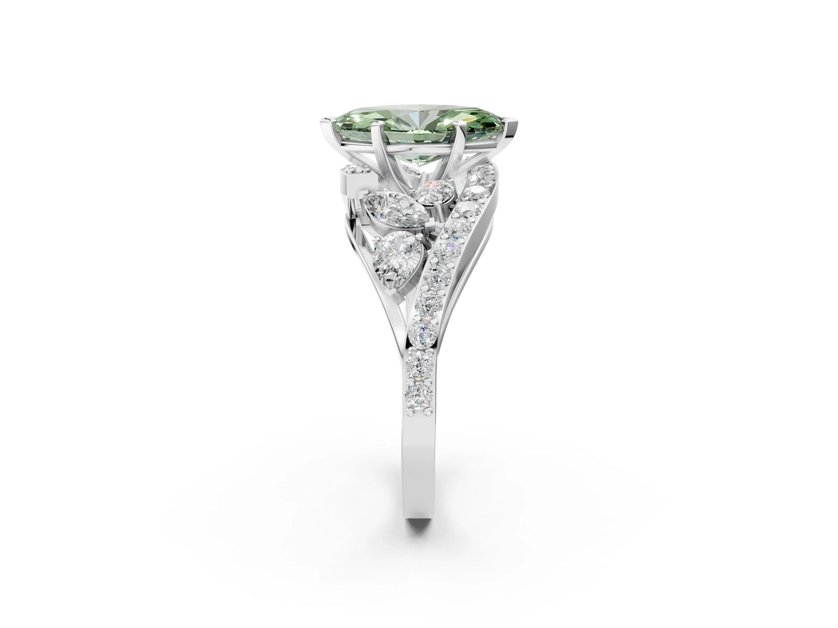 Fancy Green Marquise Cut Diamond Halo Ring in White gold with Marquise and Pavé Band in Prong Setting_2