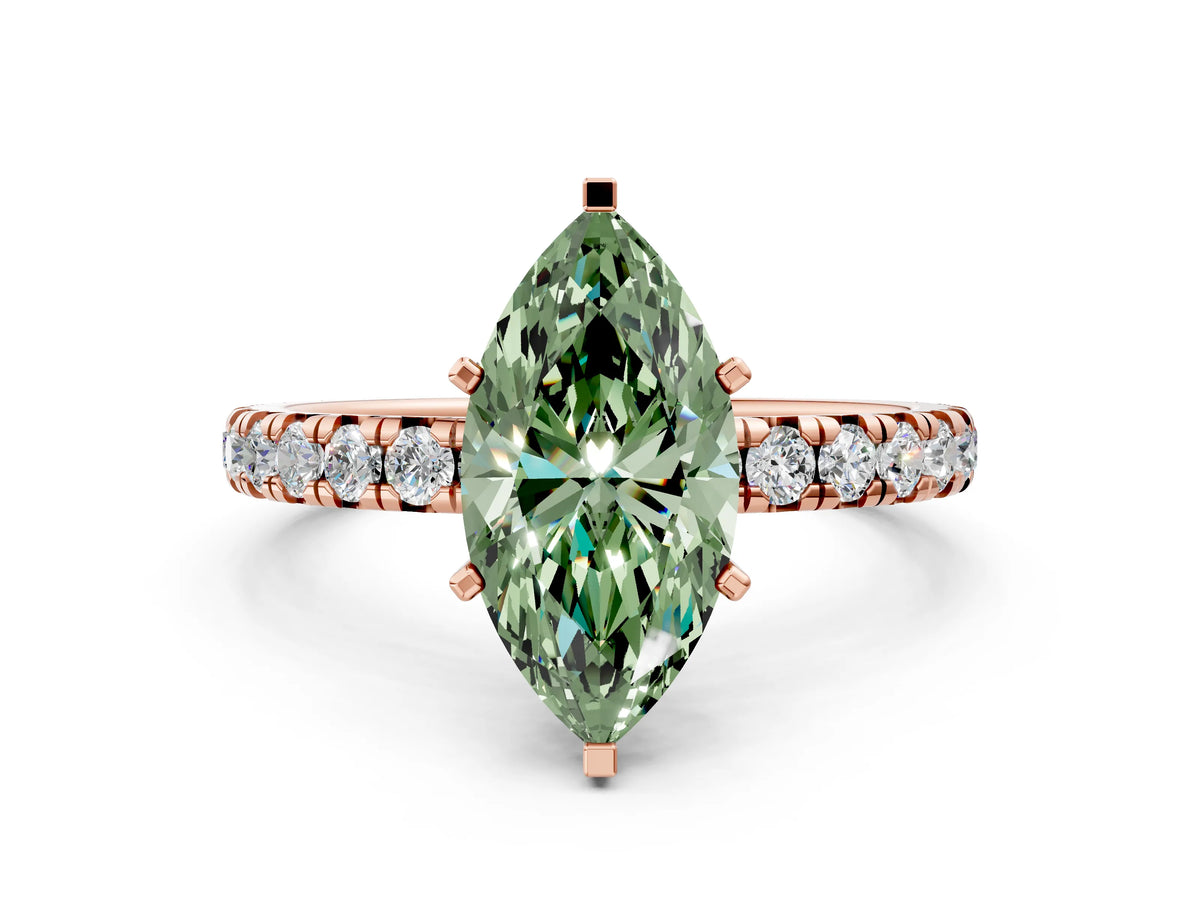 Fancy Green Marquise Cut Diamond Pavé Solitaire Ring in Rose gold with Round Pavé Band and Prong Setting