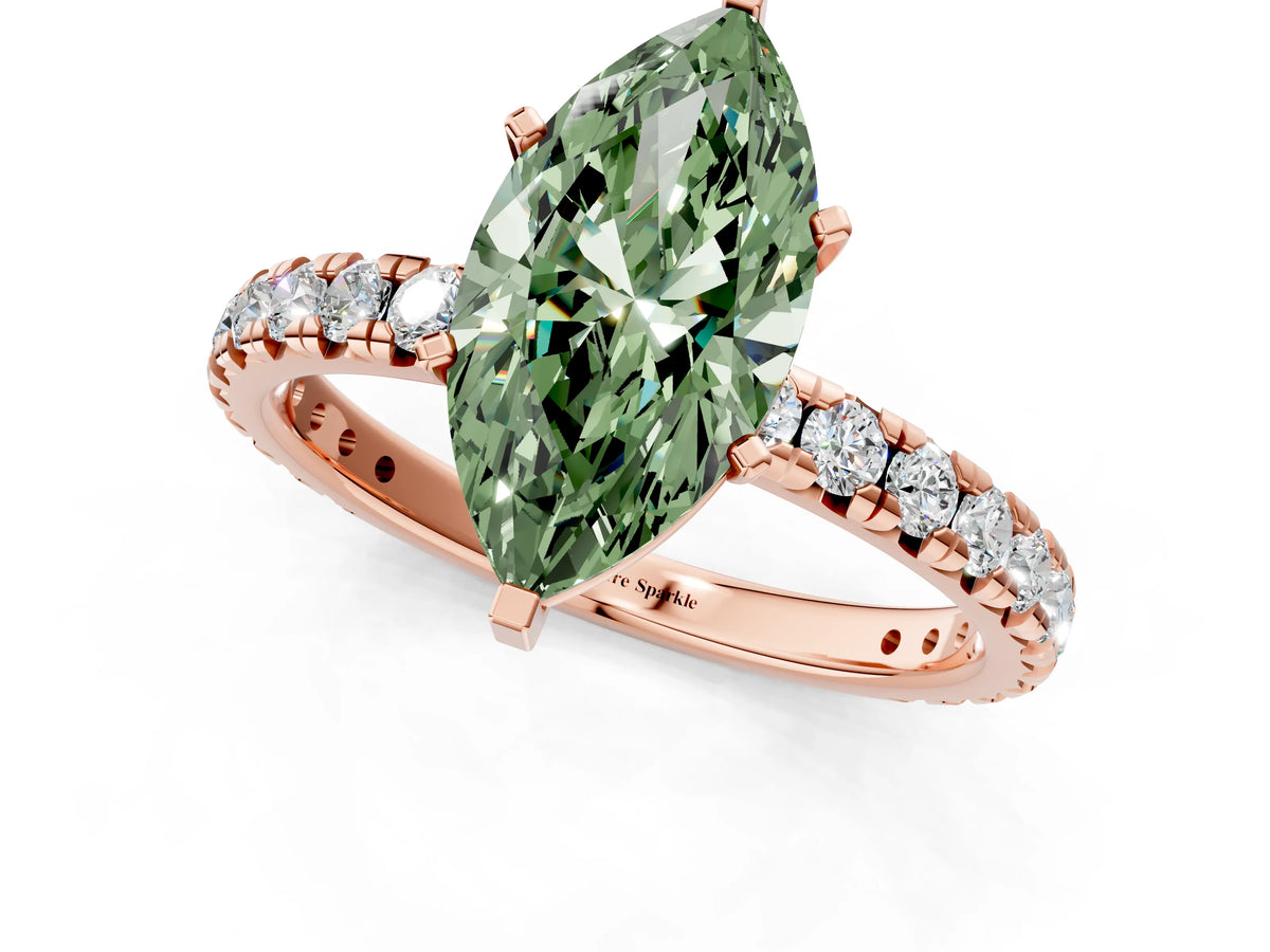 Fancy Green Marquise Cut Diamond Pavé Solitaire Ring in Rose gold with Round Pavé Band and Prong Setting_1