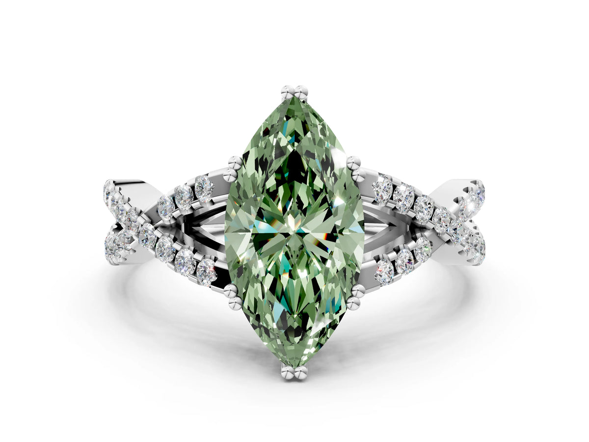 Fancy Green Marquise Cut Diamond Solitaire Ring in Platinum with Interwoven Pavé Band and Prong Setting_6
