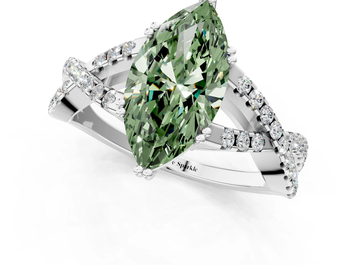 Fancy Green Marquise Cut Diamond Solitaire Ring in Platinum with Interwoven Pavé Band and Prong Setting_7