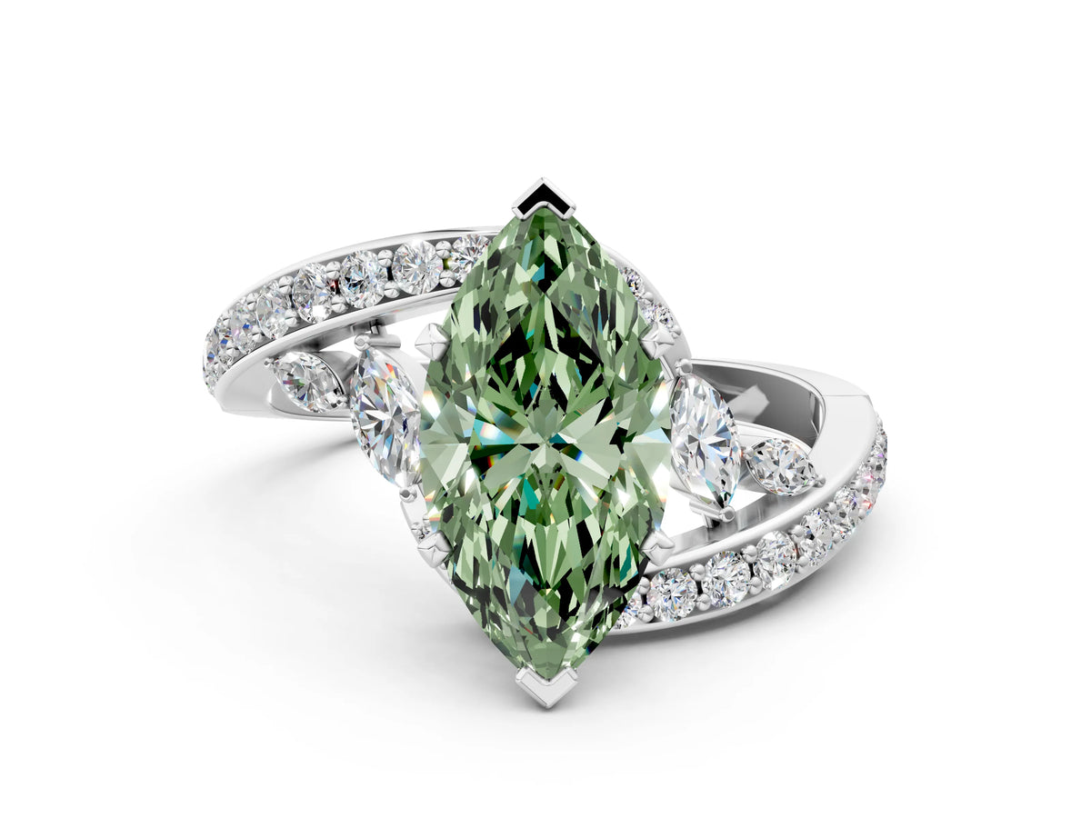 Fancy Green Marquise Cut Diamond Solitaire Ring in Platinum with Pavé Twist Band and Prong Setting_12