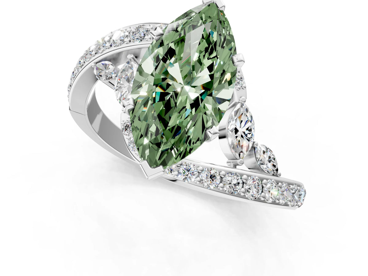 Fancy Green Marquise Cut Diamond Solitaire Ring in Platinum with Pavé Twist Band and Prong Setting_13