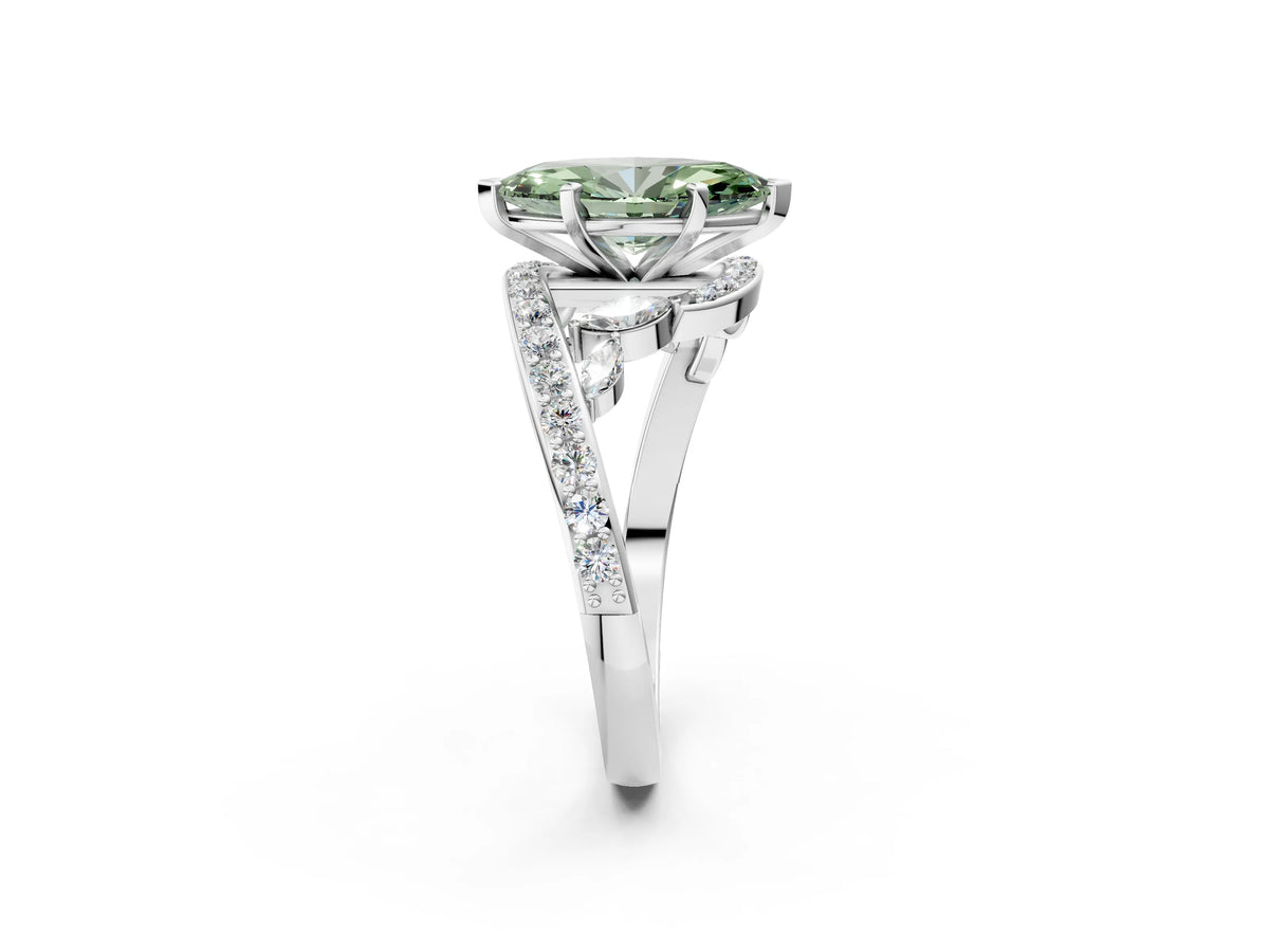 Fancy Green Marquise Cut Diamond Solitaire Ring in Platinum with Pavé Twist Band and Prong Setting_14