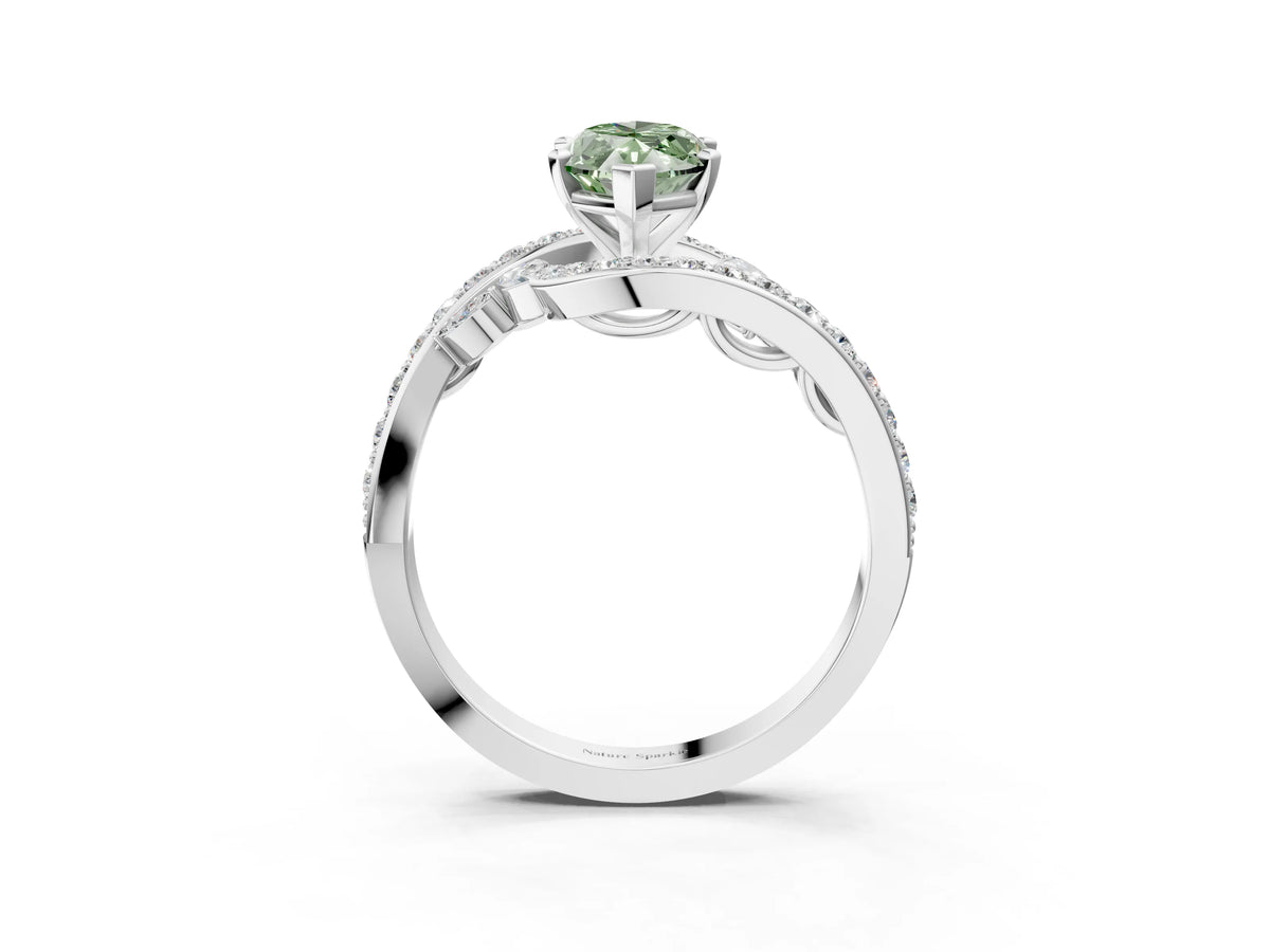 Fancy Green Marquise Cut Diamond Solitaire Ring in Platinum with Pavé Twist Band and Prong Setting_15