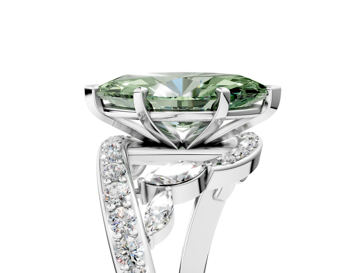 Fancy Green Marquise Cut Diamond Solitaire Ring in Platinum with Pavé Twist Band and Prong Setting_17