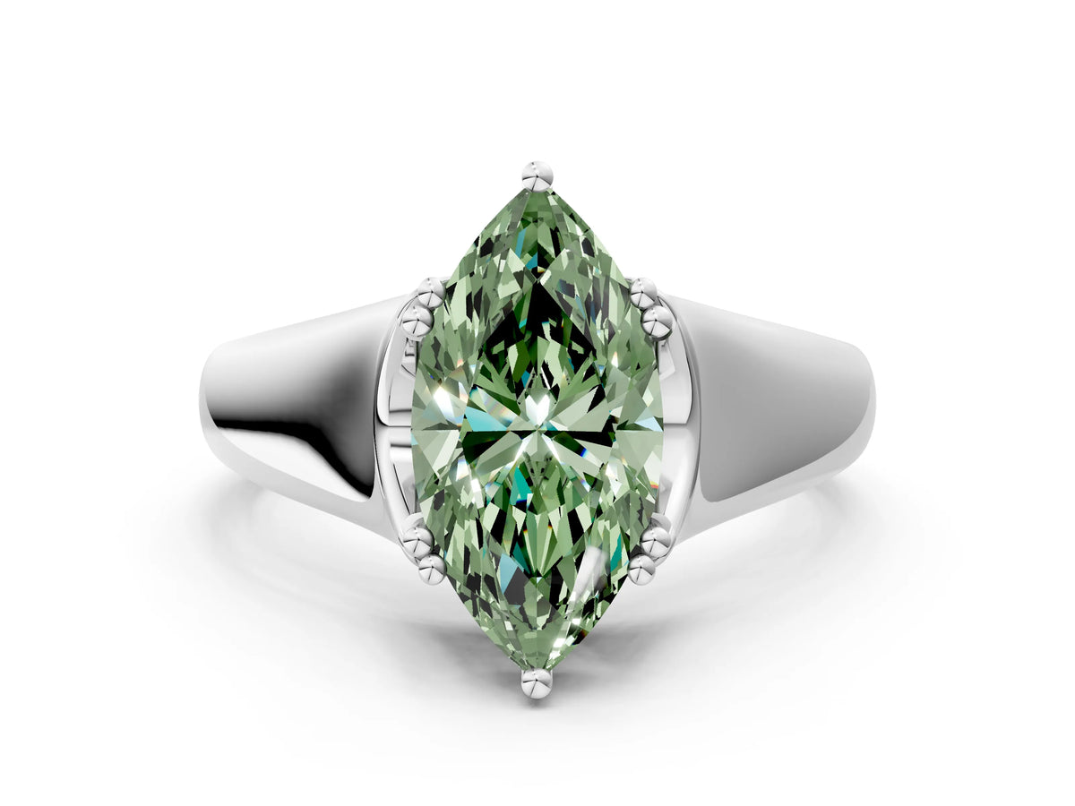 Fancy Green Marquise Cut Diamond Solitaire Ring in Platinum with Smooth Wide Band and Prong Setting_12