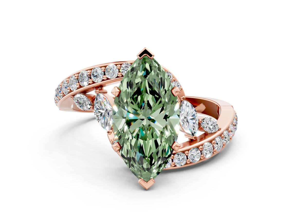 Fancy Green Marquise Cut Diamond Solitaire Ring in Rose gold with Pavé Twist Band and Prong Setting