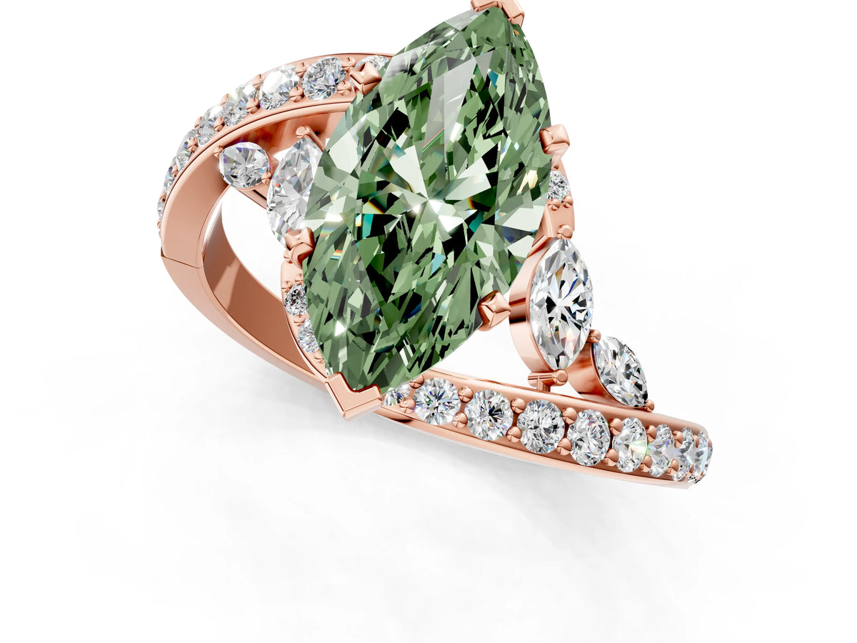 Fancy Green Marquise Cut Diamond Solitaire Ring in Rose gold with Pavé Twist Band and Prong Setting_1