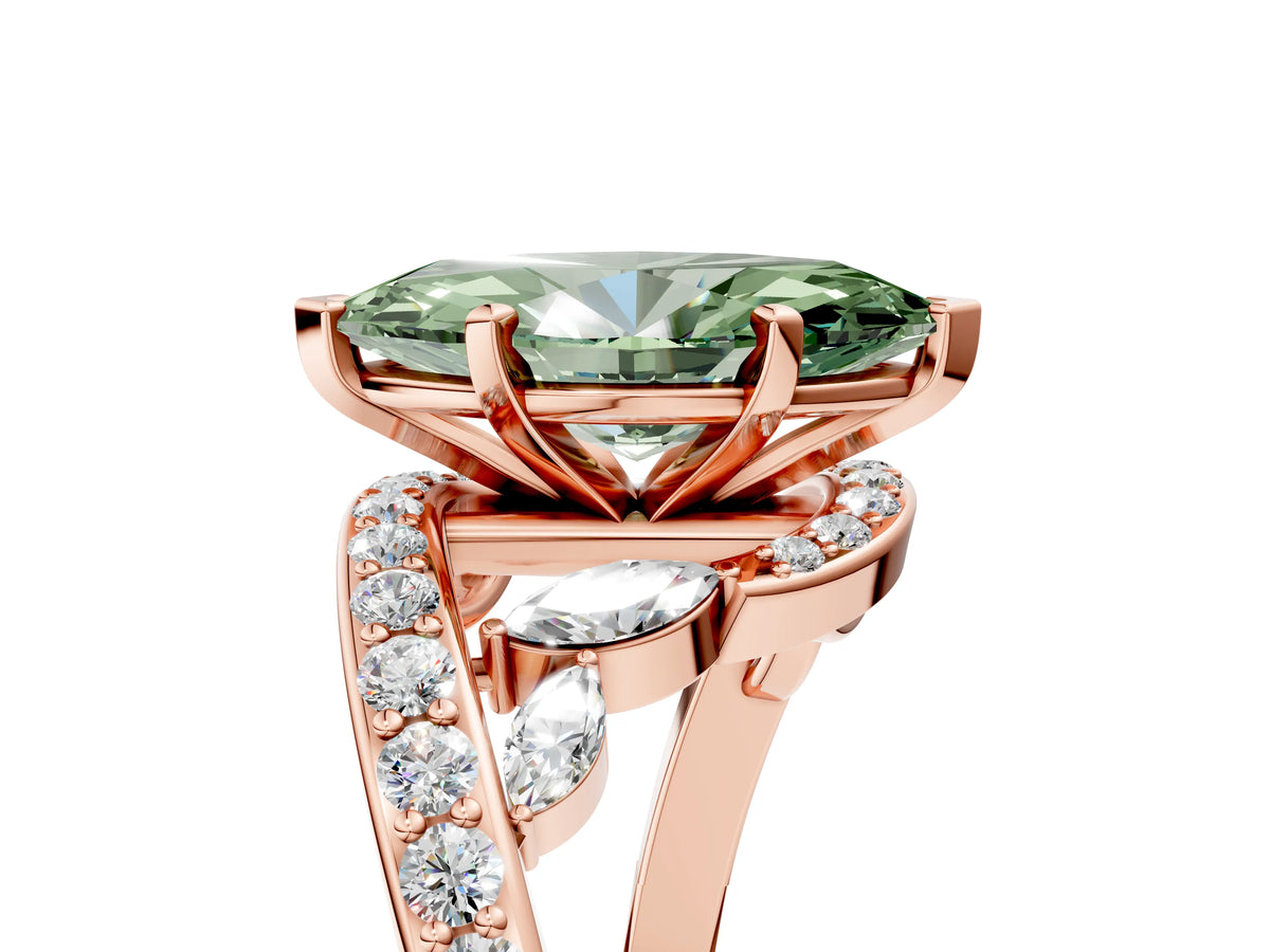 Fancy Green Marquise Cut Diamond Solitaire Ring in Rose gold with Pavé Twist Band and Prong Setting_5