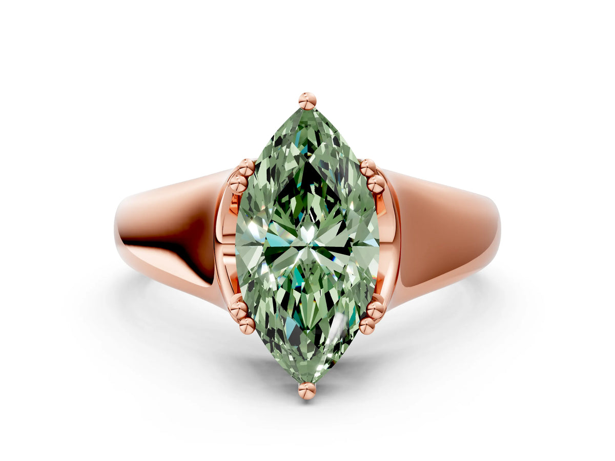 Fancy Green Marquise Cut Diamond Solitaire Ring in Rose gold with Smooth Wide Band and Prong Setting