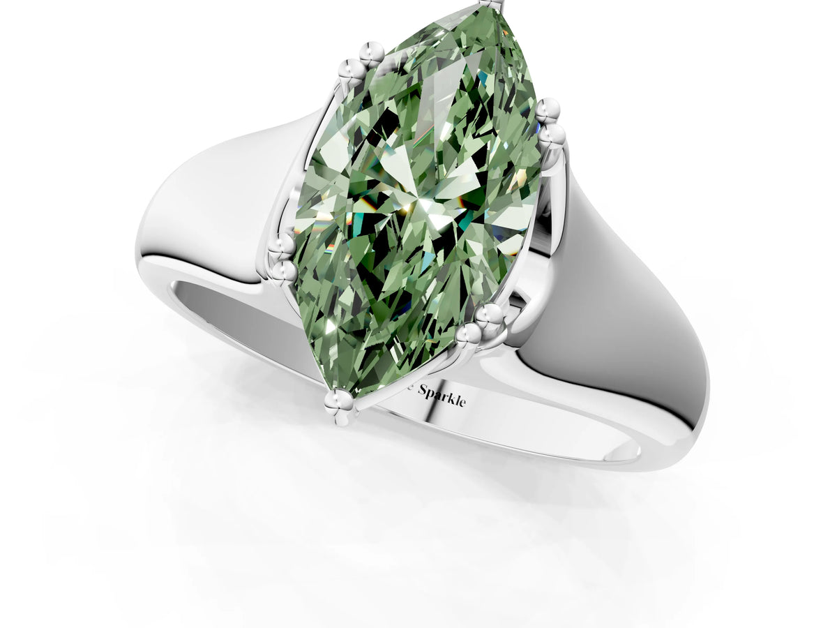 Fancy Green Marquise Cut Diamond Solitaire Ring in Silver with Smooth Wide Band and Prong Setting_13