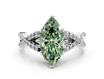 Fancy Green Marquise Cut Diamond Solitaire Ring in White gold with Interwoven Pavé Band and Prong Setting