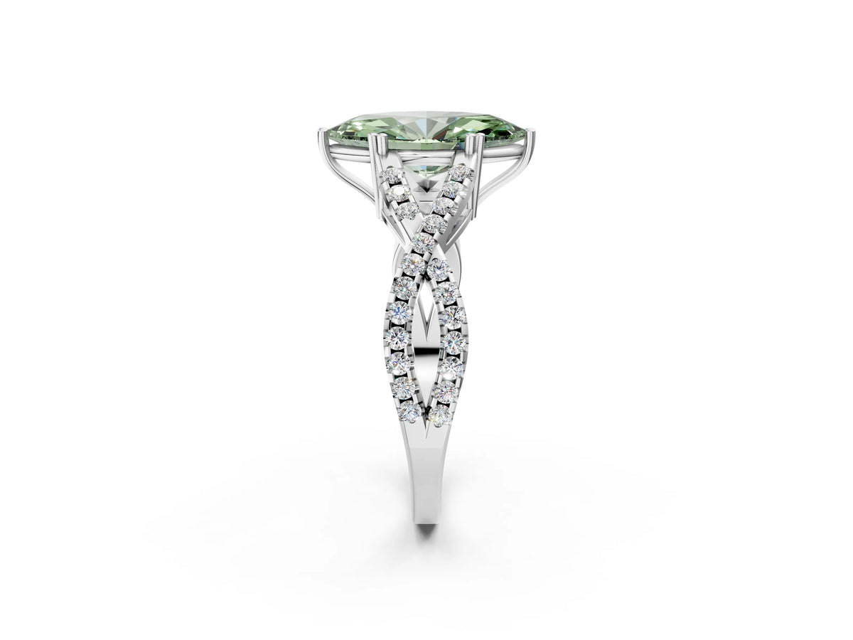 Fancy Green Marquise Cut Diamond Solitaire Ring in White gold with Interwoven Pavé Band and Prong Setting_2