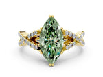 Fancy Green Marquise Cut Diamond Solitaire Ring in Yellow gold with Interwoven Pavé Band and Prong Setting