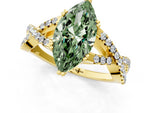 Fancy Green Marquise Cut Diamond Solitaire Ring in Yellow gold with Interwoven Pavé Band and Prong Setting_1