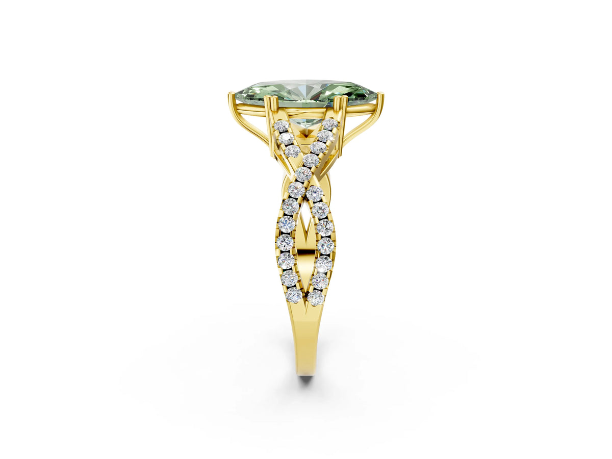 Fancy Green Marquise Cut Diamond Solitaire Ring in Yellow gold with Interwoven Pavé Band and Prong Setting_2