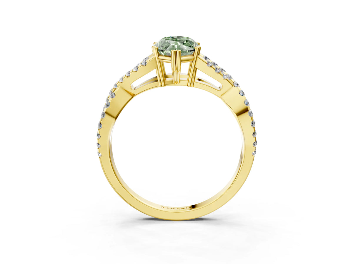 Fancy Green Marquise Cut Diamond Solitaire Ring in Yellow gold with Interwoven Pavé Band and Prong Setting_3