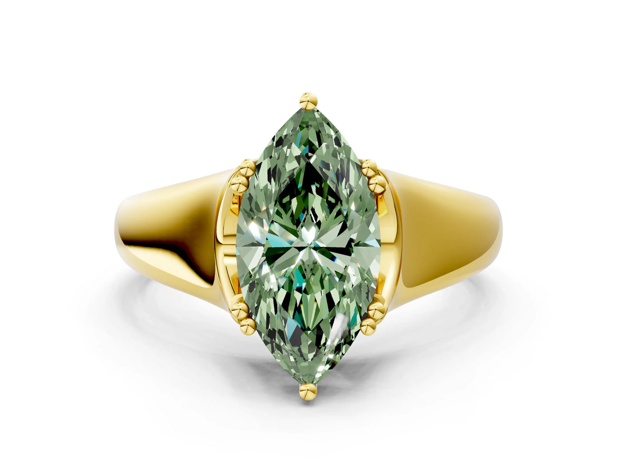 Fancy Green Marquise Cut Diamond Solitaire Ring in Yellow gold with Smooth Wide Band and Prong Setting